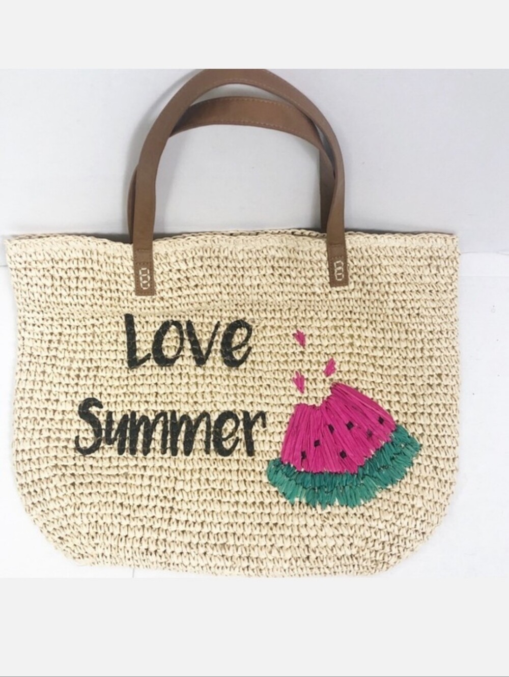 Marabella Women’s Straw Tote Bag "Love Summer" with Pink & Green Detail NWT